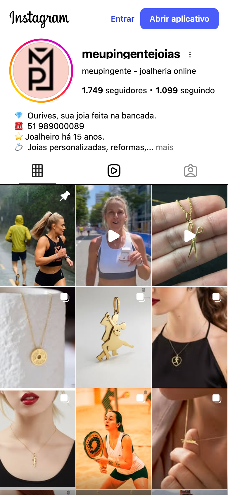 Screenshot do perfil Instagram Meu Pingente Joias com grade de publicações.